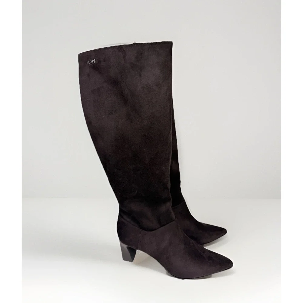 DKNY Salem Boots Dark Brown Witchy Pointed‎ Toe Knee High Chunky Heeled Boots 10